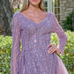 Vestido Manga Larga, Cuello en V con Sobre Falda y Aplicaciones en Cuentas y Lentejuelas, Color Mauve