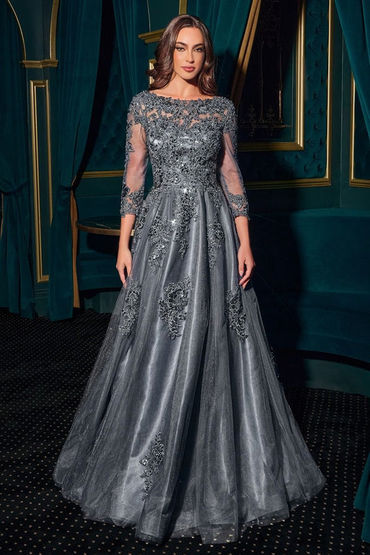 Vestido en Línea A on  Escote alto, mangas tres cuartos y espalda en V (Varios Colores)