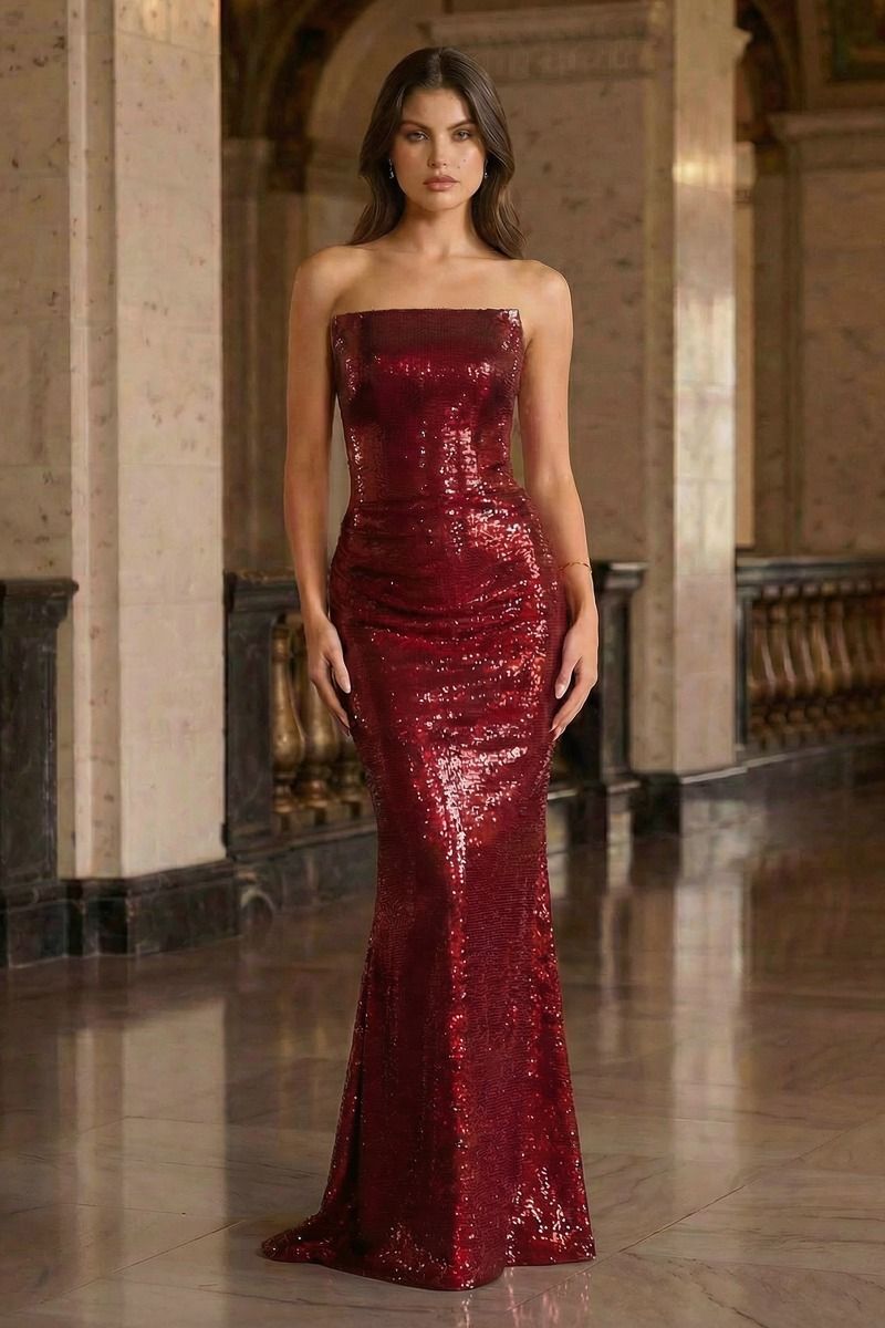Vestido Recto Ajustado, Escote Recto, Adornos Brillantes y Suave Drapeado, Varis Colores