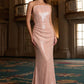 Vestido Recto Ajustado, Escote Recto, Adornos Brillantes y Suave Drapeado, Varis Colores