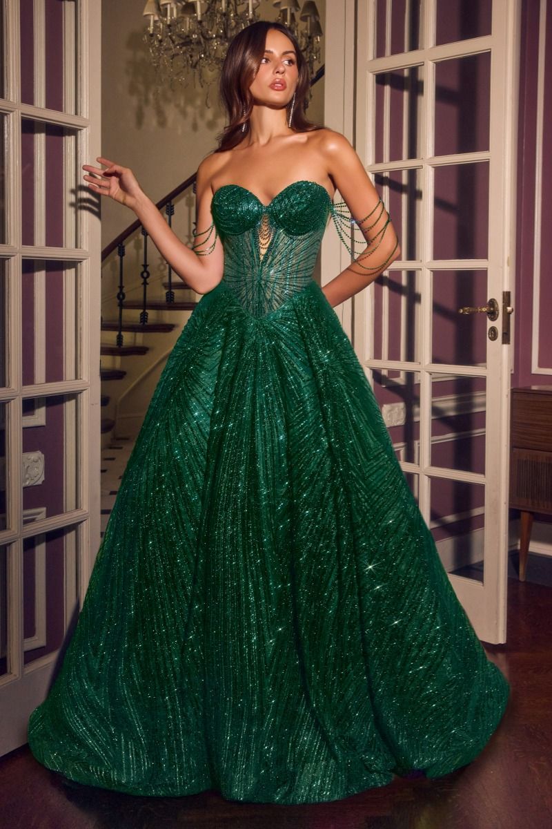 Vestido de Gala con Drapeado y Pedrería de Cristal, Falda Amplia con Acabados Brillantes, Varios Coloresl