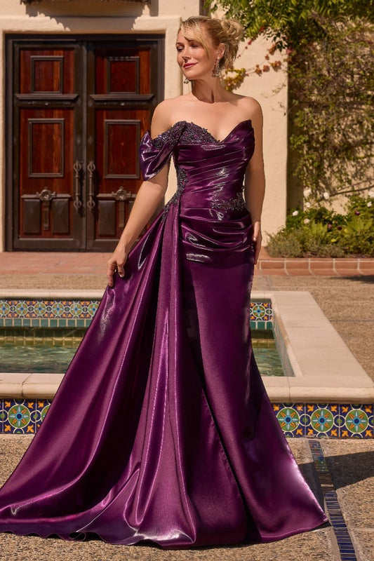 Vestido Entallado, con Escote y Cintura Drapeada con Bordado, Manga Caída a Un Hombro, con Cauda, Varios Colores
