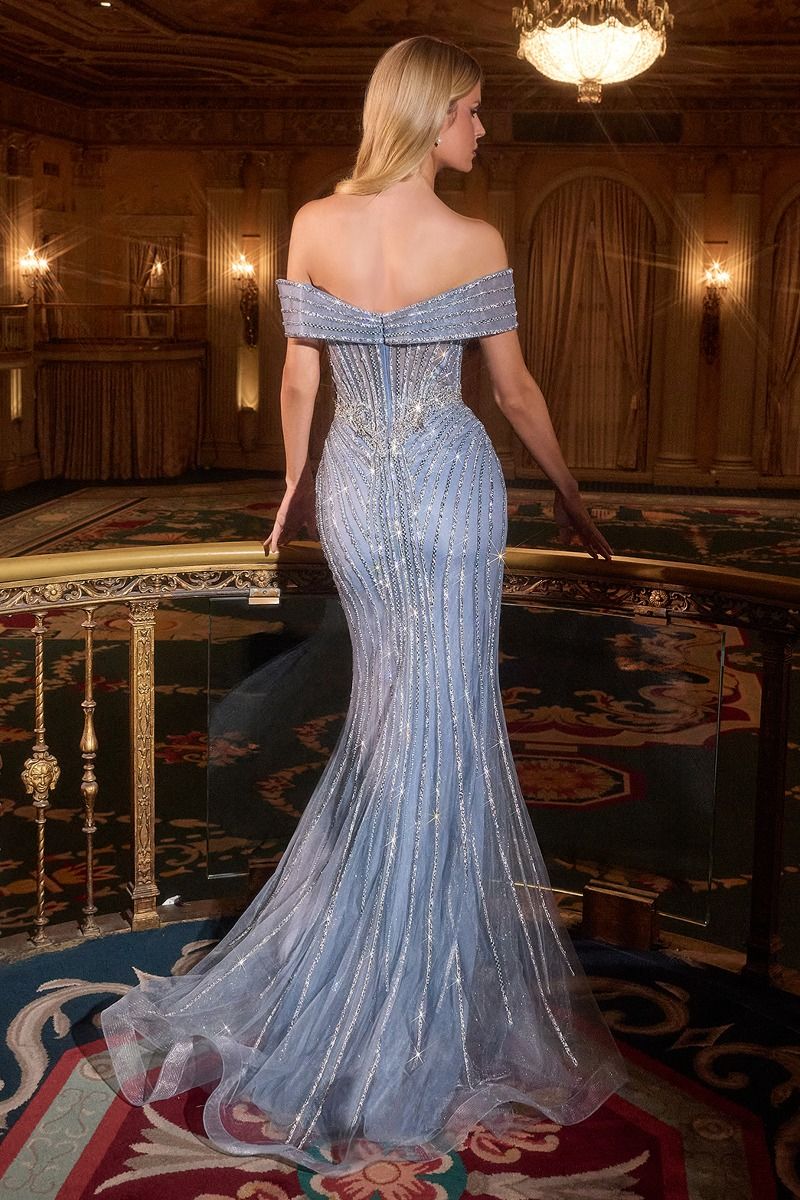 Vestido Corte Sirena Escote con hombros descubiertos y motivo lineal de cuentas (Varios Colores)