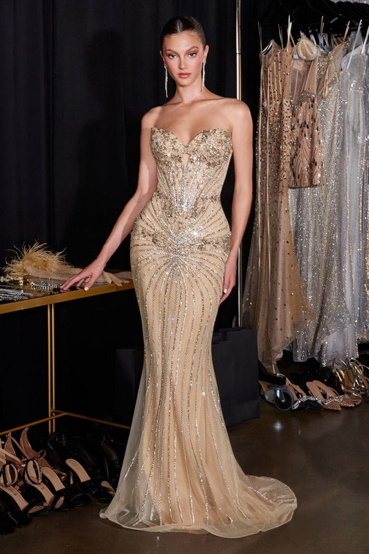 Vestido Corte Sirena, Corsé con Escote de Corazón, Bordado con Cristales y Lentejuelas (Varios Colores)