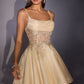 Vestido Corto en A, Escote Redondo Drapeado con Apliques de Encaje Floral y Corpiño de Corsé Transparente (Varios Colores)