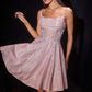 Vestido Corto en A, Escote Redondo Drapeado con Apliques de Encaje Floral y Corpiño de Corsé Transparente (Varios Colores)