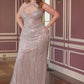 Vestido Curvy Entallado con Escote Halter, con Detalles Lineales de Cuentas Brillantes