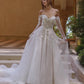 Vestido de Novia Escote corazón con Hombros Descubiertos, Mangas Ilusión Transparentes y Apliques de Encaje Floral en 3D, Color Off White