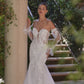 Vestido de Novia de Corte Sirena con Mangas de encaje Extraíbles y Espalda Abotonada, Color Off White