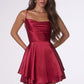 Vestido Corto de Satén, Falda con Vuelo Acampanada, Escote Drapeado, Espalda Abierta con Cordones (Varios Colores)