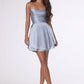 Vestido Corto de Satén, Falda con Vuelo Acampanada, Escote Drapeado, Espalda Abierta con Cordones (Varios Colores)