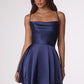 Vestido Corto de Satén, Falda con Vuelo Acampanada, Escote Drapeado, Espalda Abierta con Cordones (Varios Colores)