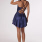 Vestido Corto de Satén, Falda con Vuelo Acampanada, Escote Drapeado, Espalda Abierta con Cordones (Varios Colores)