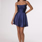 Vestido Corto de Satén, Falda con Vuelo Acampanada, Escote Drapeado, Espalda Abierta con Cordones (Varios Colores)