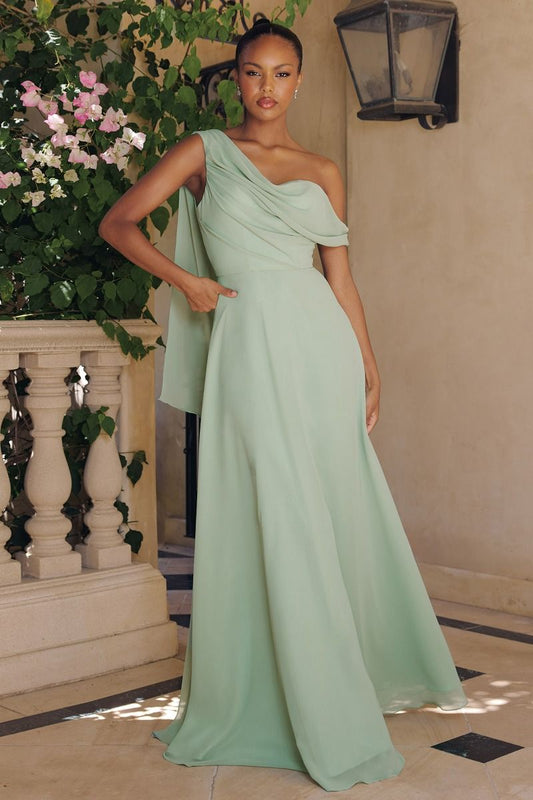 Vestido de Novia Corte en A, Escote de un Solo Hombro con Capa Drapeada de Gasa (Varios Colores)