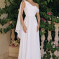 Vestido de Novia Corte en A, Escote de un Solo Hombro con Capa Drapeada de Gasa, Color Off White