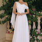 Vestido de Novia Corte en A, Escote de un Solo Hombro con Capa Drapeada de Gasa, Color Off White