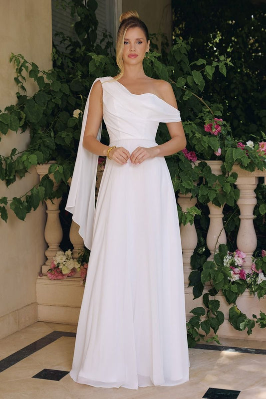 Vestido de Novia Corte en A, Escote de un Solo Hombro con Capa Drapeada de Gasa, Color Off White