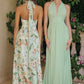 Vestido Estampado Floreado  Escote halter pronunciado con cinturilla fruncida y detalle de lazo en la espalda Color Sage.