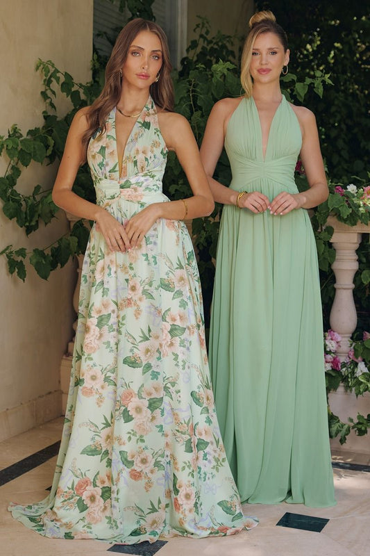 Vestido Estampado Floreado  Escote halter pronunciado con cinturilla fruncida y detalle de lazo en la espalda Color Sage.