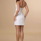 Vestido Corto Ajustado con Escote Redondo sin Tirantes con Detalles Drapeados, Color Off White