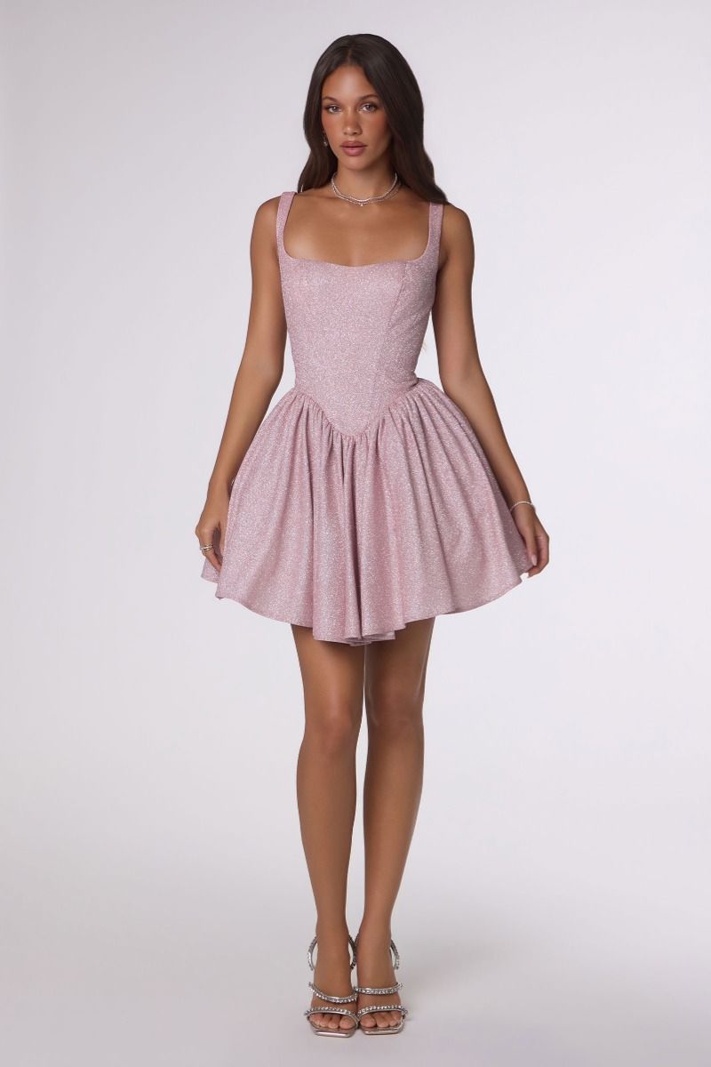 Vestido Corto en A con Brillos, con Escote Cuadrado y Corsé (Varios Colores)