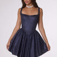 Vestido Corto en A con Brillos, con Escote Cuadrado y Corsé (Varios Colores)
