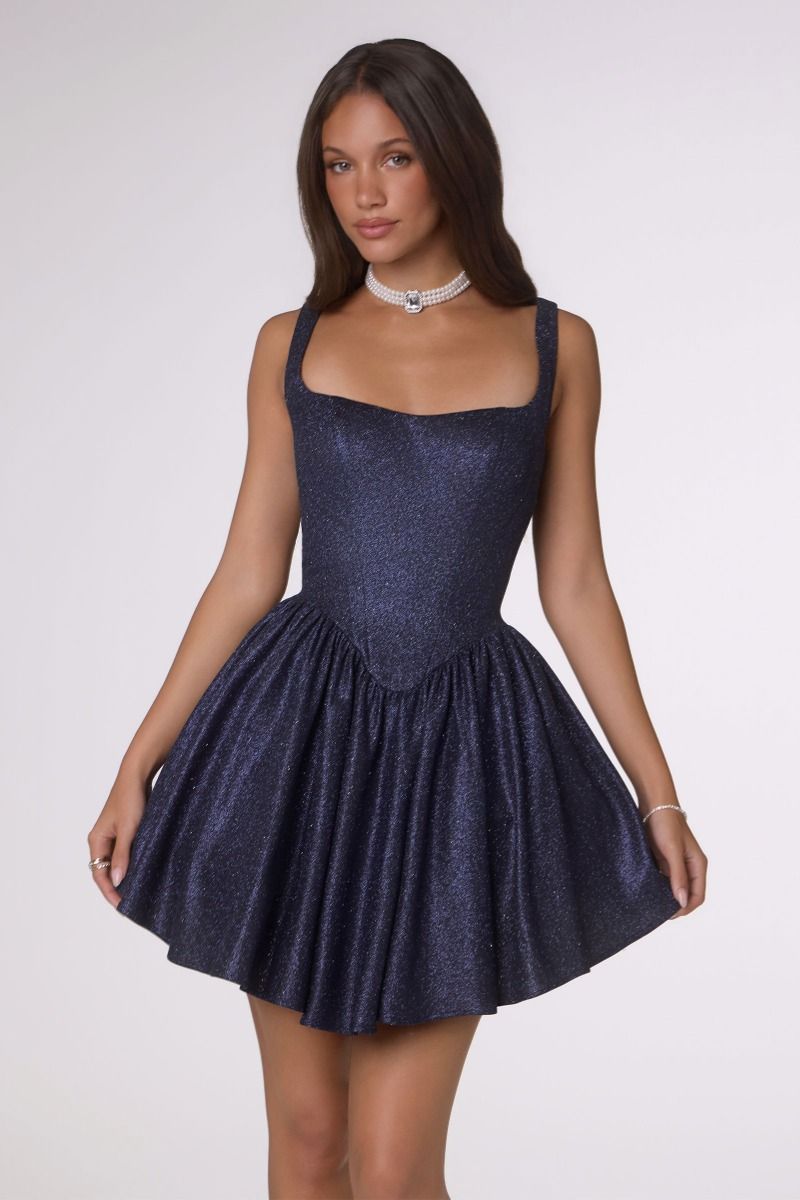 Vestido Corto en A con Brillos, con Escote Cuadrado y Corsé (Varios Colores)