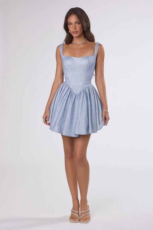 Vestido Corto en A con Brillos, con Escote Cuadrado y Corsé (Varios Colores)