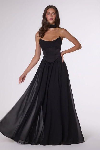 Vestido en corte A, Corpiño de Satén con Escote Drapeado, Falda Fluida de Gasa (Varios Colores)