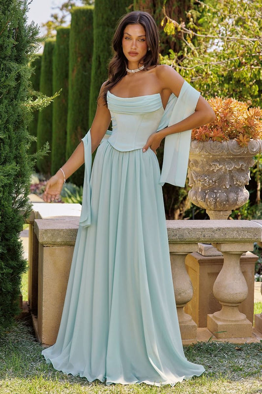 Vestido en corte A, Corpiño de Satén con Escote Drapeado, Falda Fluida de Gasa (Varios Colores)