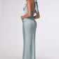 Vestido Ajustado con Escote Halter Pronunciado, Corpiño Estilo Corsé, Falda de Satén Drapeada y Espalda Descubierta, Colores Blue y Mulberry