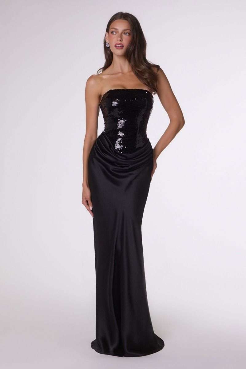 Vestido Corte Sirena Corpiño  con lentejuelas, falda de satén drapeada, silueta esculpida (Dos Colores)