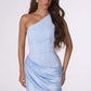 Vestido Ajustado con Escote Asimétrico de un Solo Hombro, con Falda de Satén Drapeada, Colores Lt Blue y Navy