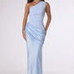 Vestido Ajustado con Escote Asimétrico de un Solo Hombro, con Falda de Satén Drapeada, Colores Lt Blue y Navy