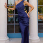 Vestido Ajustado con Escote Asimétrico de un Solo Hombro, con Falda de Satén Drapeada, Colores Lt Blue y Navy