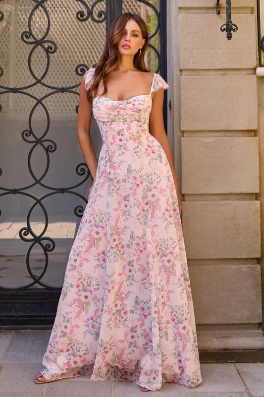 Vestido en Corte A, de Chifón Estampado, Escote Corazón Drapeado y Espalda Tipo Corsé, Color Pink