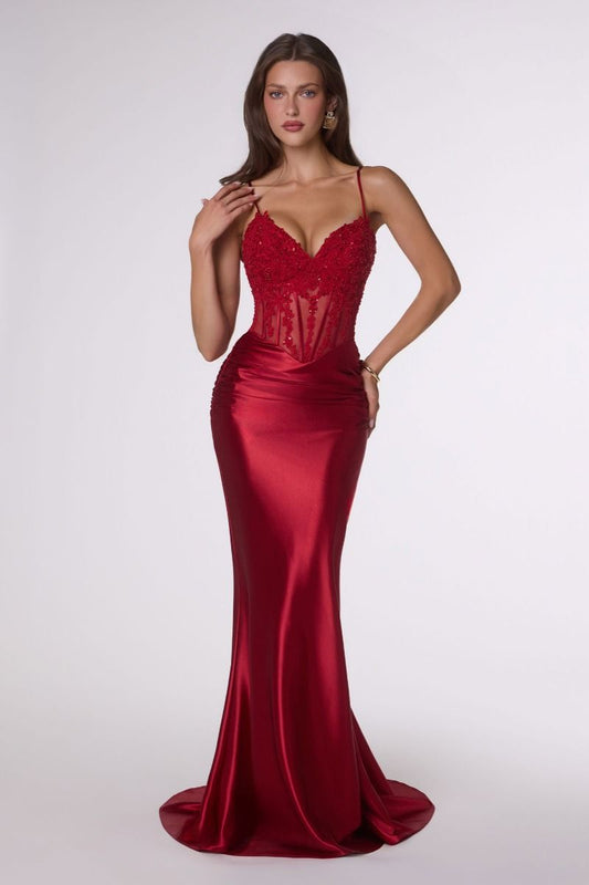Vestido Ajustado con Corpiño Transparente y Aplicaciones en Cuentas , Escote de Corazón y Tirantes (Varios Colores)