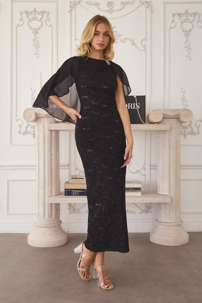 Vestido Recto de Encaje con Lentejuelas, Escote Alto, sin Mangas, con Capa de Gasa (Varios Colores)