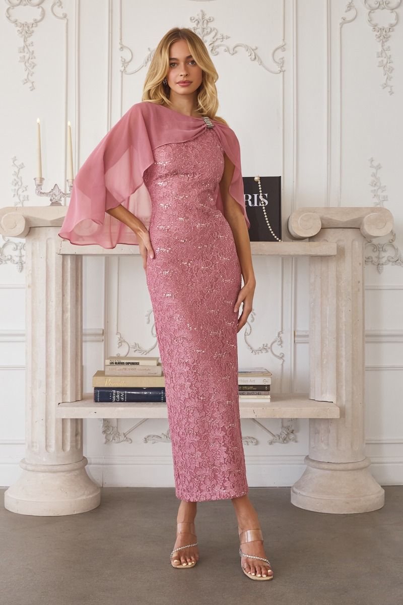 Vestido Recto de Encaje con Lentejuelas, Escote Alto, sin Mangas, con Capa de Gasa (Varios Colores)