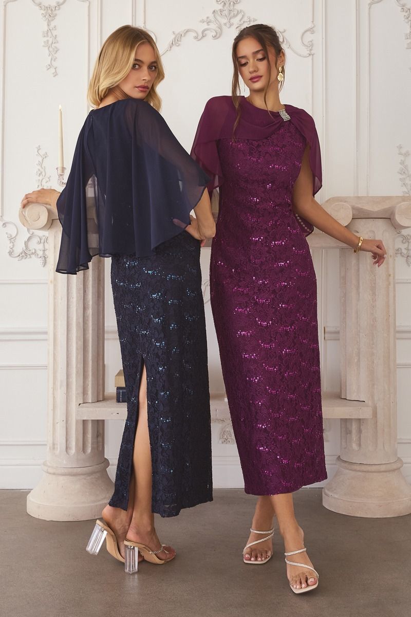 Vestido Recto de Encaje con Lentejuelas, Escote Alto, sin Mangas, con Capa de Gasa (Varios Colores)