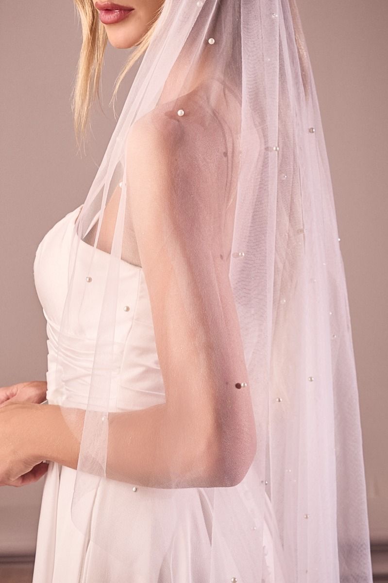 Velo de Tul con Delicadas Gotas de Perla, Color Off White
