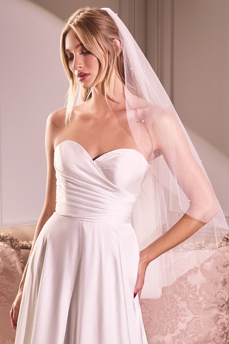 Velo de Tul con Delicadas Gotas de Perla, Color Off White
