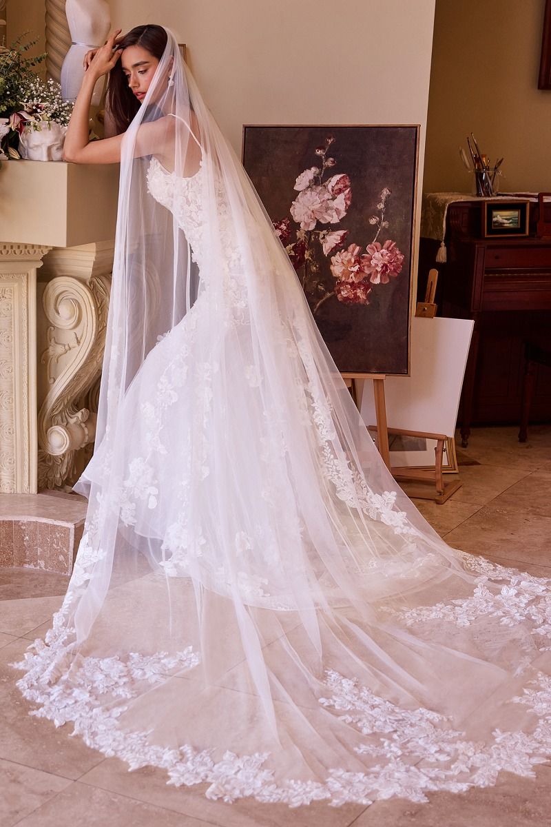 Velo de Novia  de encaje festoneado floral Color Off White.