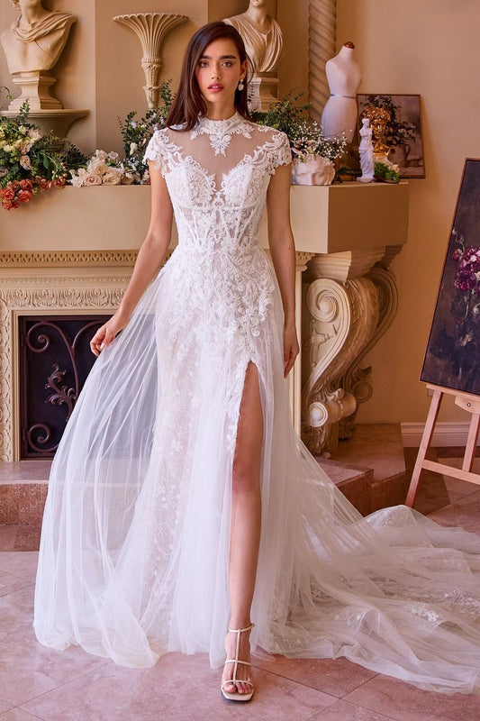 Vestido de Novia Con Manga Corta, Encaje y Tul.