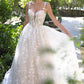 Vestido de Novia Escote profundo con ilusión, tirantes de encaje floral y corpiño de encaje 3D