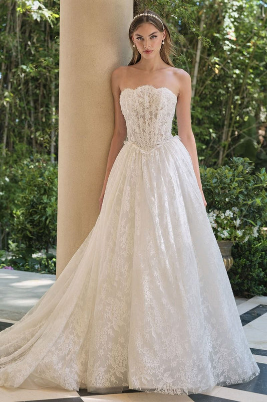 Vestido de Novia en Corte A de Encaje Bordado y Espalada con Cordones, Color Off White