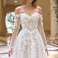 Vestido de Novia Escote corazón con Hombros Descubiertos, Mangas Ilusión Transparentes y Apliques de Encaje Floral en 3D, Color Off White