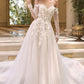 Vestido de Novia Escote corazón con Hombros Descubiertos, Mangas Ilusión Transparentes y Apliques de Encaje Floral en 3D, Color Off White