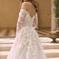 Vestido de Novia Escote corazón con Hombros Descubiertos, Mangas Ilusión Transparentes y Apliques de Encaje Floral en 3D, Color Off White